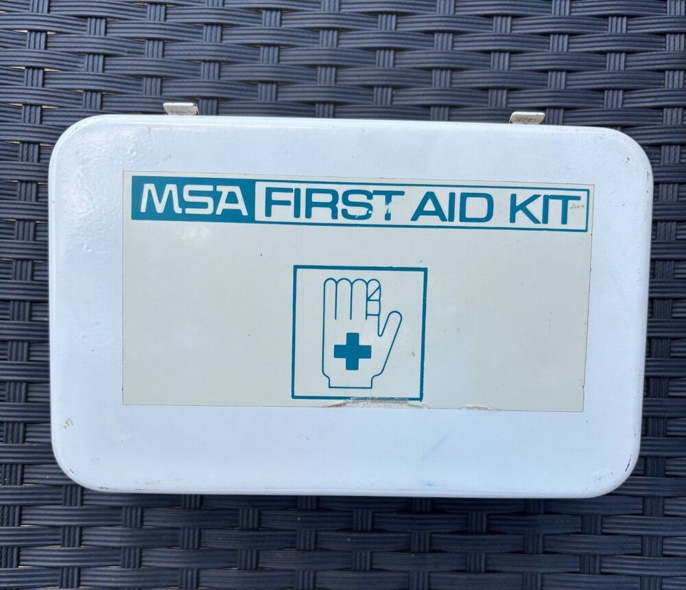 Vintage MSA  First Aid Kit Metal Case Some Contents Mine Safety Appliances